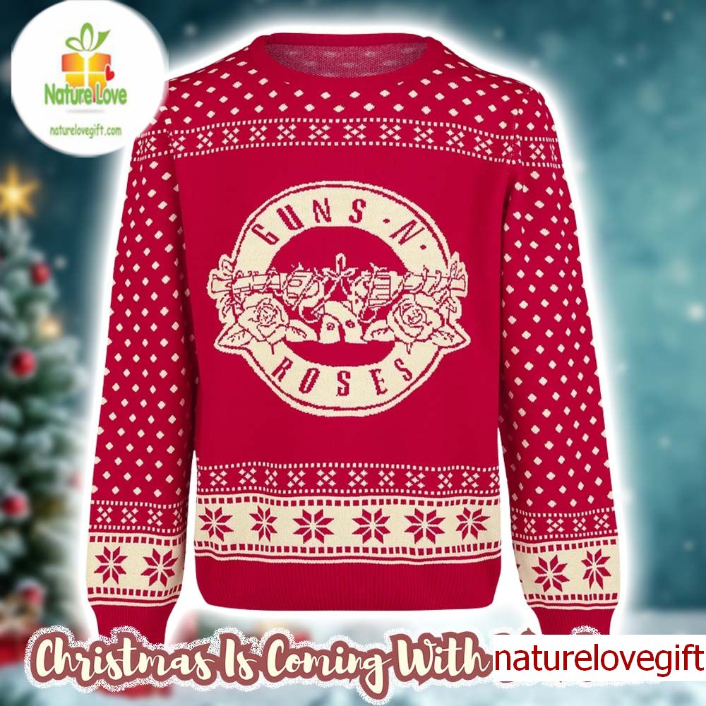 Guns N Roses Big Logo With Snowflakes Pattern Knitted Red Christmas Ugly Sweater Guns N Roses Big Logo With Snowflakes Pattern Knitted Red Christmas Ugly Sweater