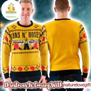 Guns N Roses Big Signature Logo Roses Pattern Knitted Mustard Christmas Ugly Sweater