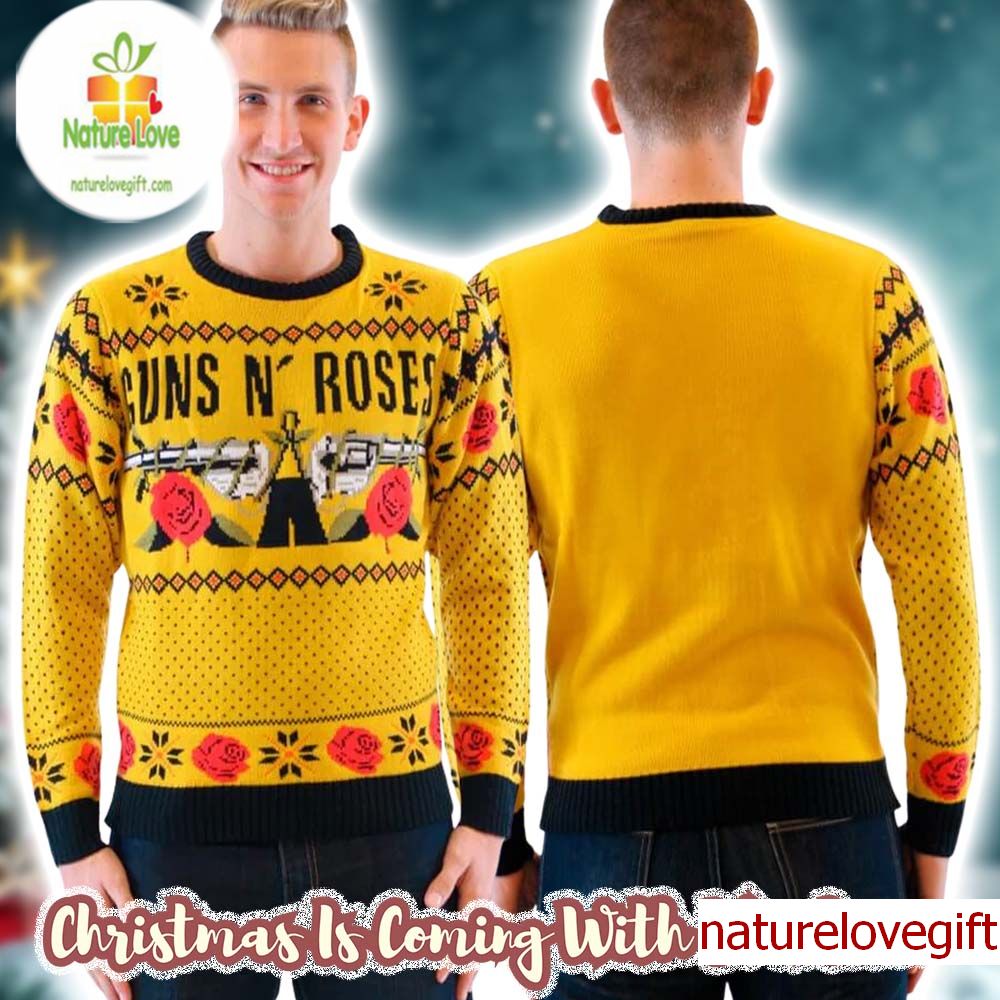 Guns N Roses Big Signature Logo Roses Pattern Knitted Mustard Christmas Ugly Sweater Guns N Roses Big Signature Logo Roses Pattern Knitted Mustard Christmas Ugly Sweater