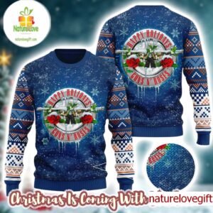Guns N Roses Happy Holidays Snowy Knitted Blue 2025 Ugly Christmas Sweater