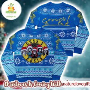 Guns N Roses Iconic Skull Logo Band Wearing Santa Hats Blue Uglty Christmas Sweater