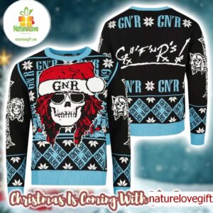 Guns N Roses Iconic Skull With GNR Santa Hat Cross Logo Knitted Black And Blue Ugly Christmas Sweater
