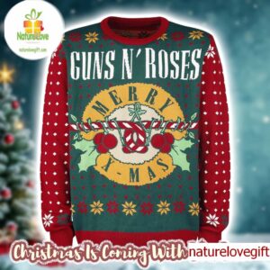 Guns N Roses Merry Xmas Guns Candy Crane Logo Holiday Theme Red And Green Knitted Ugly Christmas Sweater