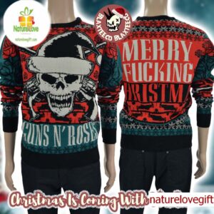 Guns N Roses Skull Santa Signature Logo Merry Fucking Christmas Ugly Christmas Sweater
