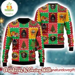 Guns N Roses Sweet Child O Christmas Time Knitted Checker Board Pattern Holiday Theme Christmas Ugly Sweater