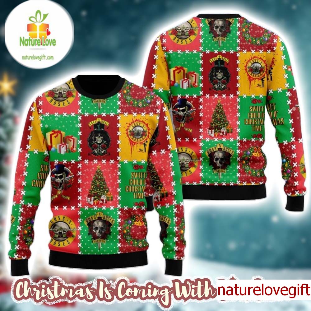 Guns N Roses Sweet Child O Christmas Time Knitted Checker Board Pattern Holiday Theme Christmas Ugly Sweater Guns N Roses Sweet Child O Christmas Time Knitted Checker Board Pattern Holiday Theme Christmas Ugly Sweater