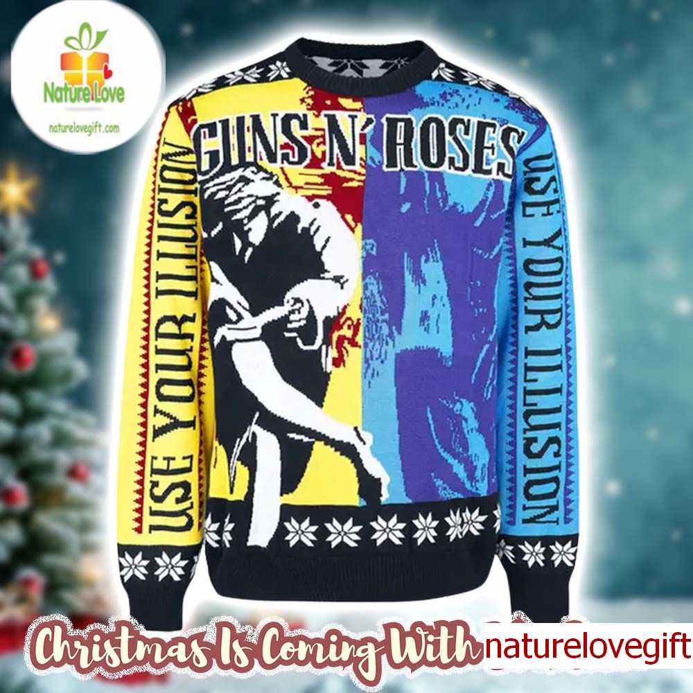 Guns N Roses Use Your Illusion Album Split Yellow And Blue Album Cover Ugly Christmas Sweater Jumper Guns N Roses Use Your Illusion Album Split Yellow And Blue Album Cover Ugly Christmas Sweater Jumper