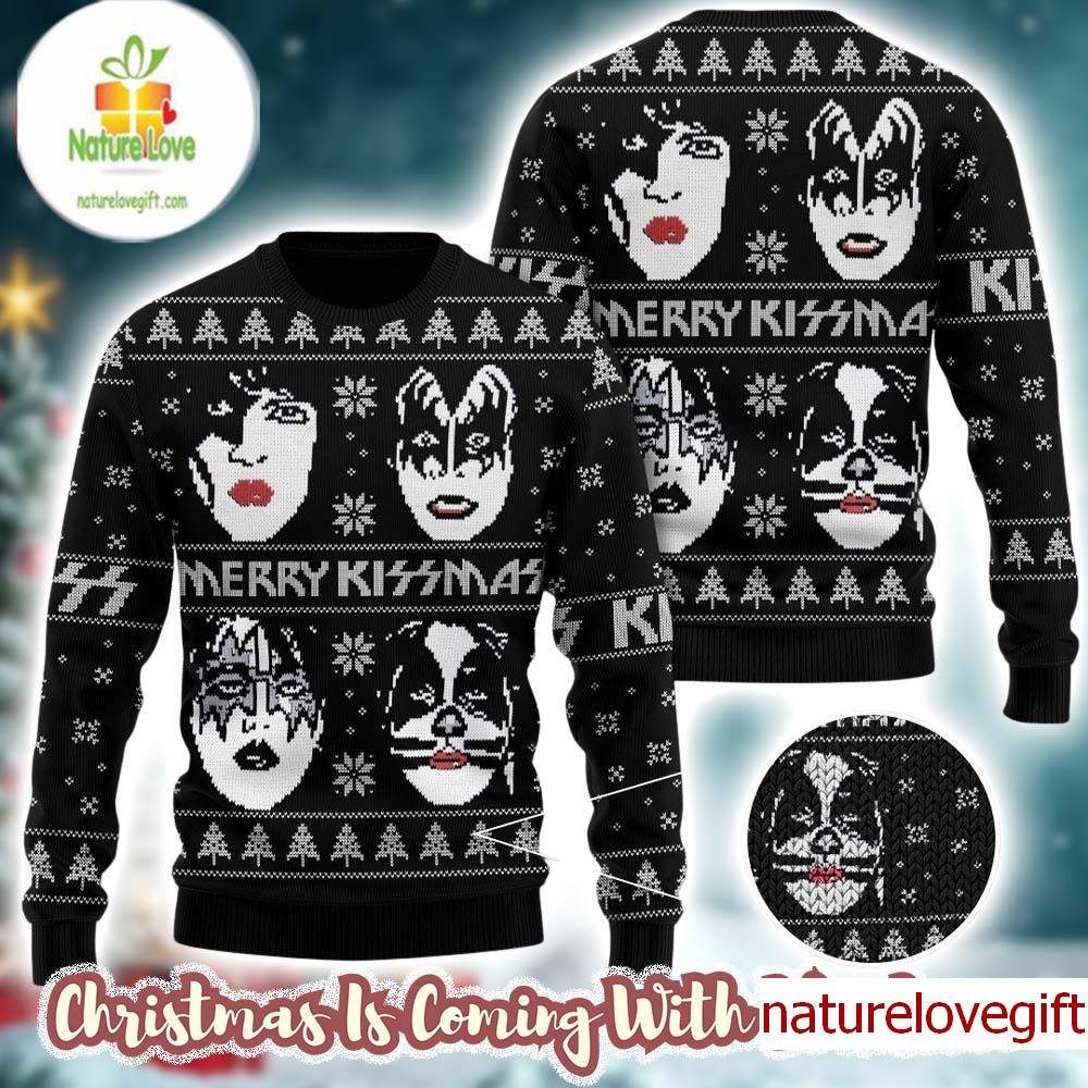 Kiss Band Funny Member Faces Classic Black Ugly Christmas Sweater Kiss Band Funny Member Faces Classic Black Ugly Christmas Sweater