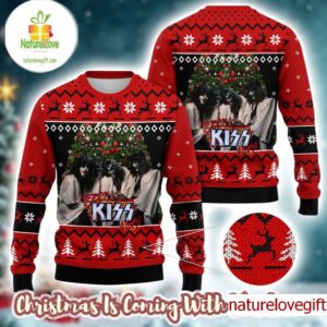 Kiss Band Merry Kissmas Under The Xmas Tree Holiday Style With Reindeer Knitted Red Ugly Christmas Sweater