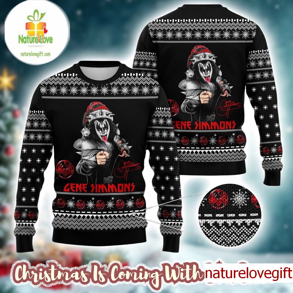 Kiss Gene Simmons With Santa Hat And Signature Xmas Holiday Best Gift For Fans Black Ugly Christmas Sweater Kiss Gene Simmons With Santa Hat And Signature Xmas Holiday Best Gift For Fans Black Ugly Christmas Sweater