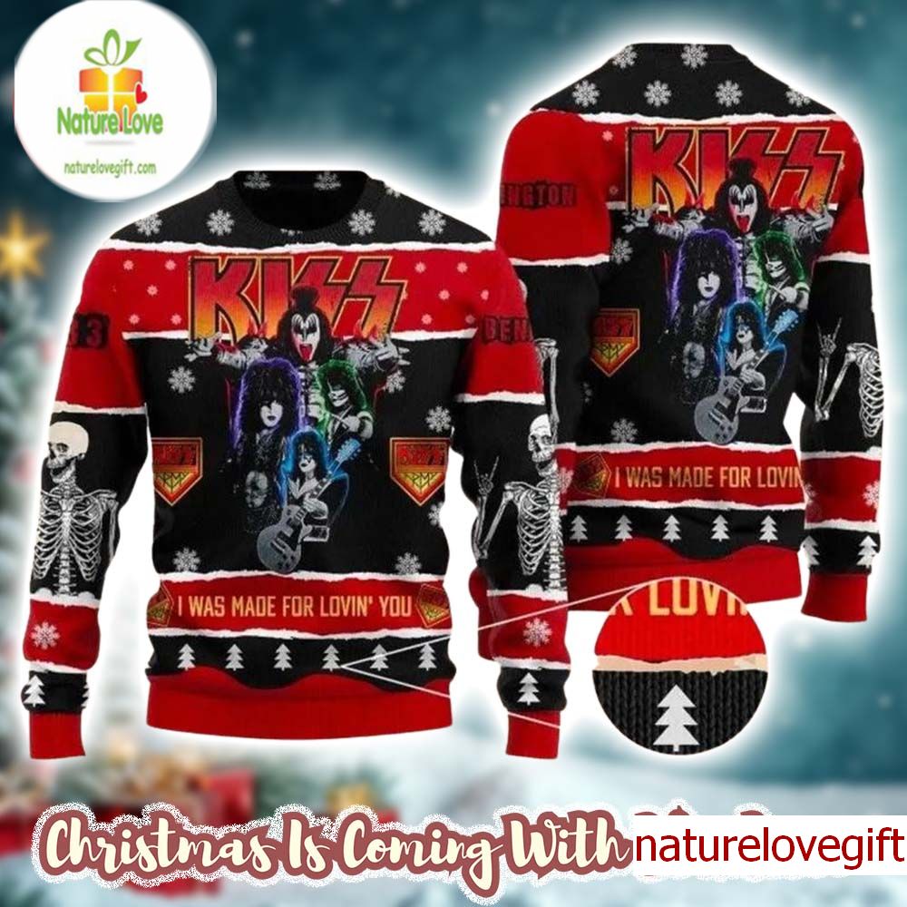 Kiss I Was Made For Loving You Skeleton Knitted Black And Red Ugly Christmas Sweater Kiss I Was Made For Loving You Skeleton Knitted Black And Red Ugly Christmas Sweater
