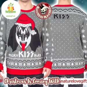 Kiss Merry Kiss Mas Signature Gene Simmons Flappy Tongue Knitted Ugly Christmas Sweater