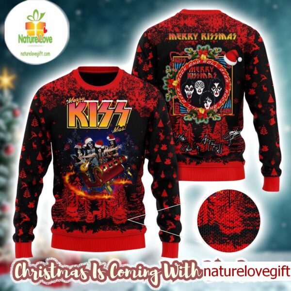 Kiss Merry Kissmas Rock And Roll In The Reindeer Sleigh Ugly Christmas Sweater