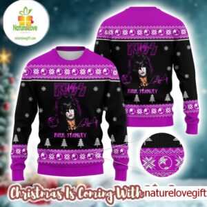 Kiss Paul Stanley With Signature Purple Knitted Ugly Christmas Sweater Gift For Fans