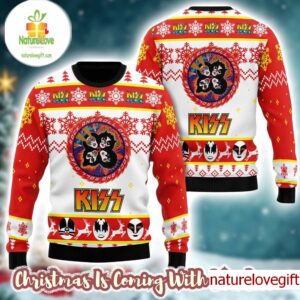 Kiss Rock And Roll Over Circle Logo Faces Pattern Knitted Red And White Ugly Christmas Sweater