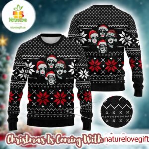 Kiss Santa Member Graphic As Queens Style Snowflakes Pattern Knitted Black Ugly Christmas Sweater