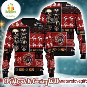Kiss Skull Kiss Army Checker Board Pattern Retro Style Knitted Ugly Christmas Sweater