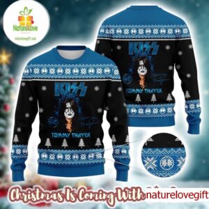 Kiss Tommy Thayer With Signature Holiday Gift Style Blue Ugly Christmas Sweater