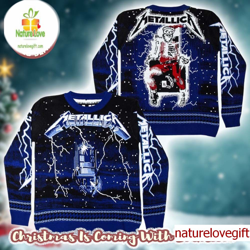 Metallica Ride The Lightning Electric Chair And Skeleton Santa Ugly Christmas Sweater Metallica Ride The Lightning Electric Chair And Skeleton Santa Ugly Christmas Sweater