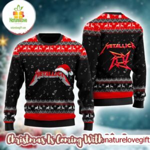 Metallica Signature Logo Ninja Star With Santa Hat Reindeer Red And Black Ugly Christmas Sweater