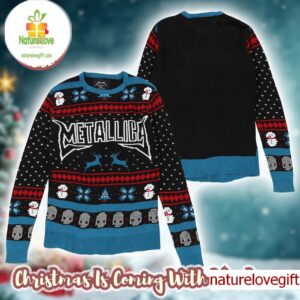 Metallica Snowflakes Reindeer Pattern Black And Blue Vintage Knitted Ugly Christmas Sweater