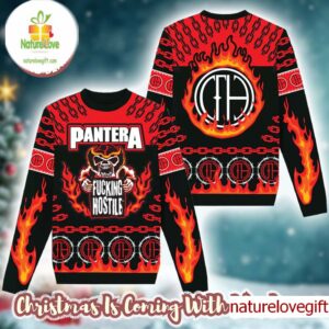 Pantera Fucking Hostile Skeleton With Flame Big Logo Pattern Holiday Ugly Christmas Sweater