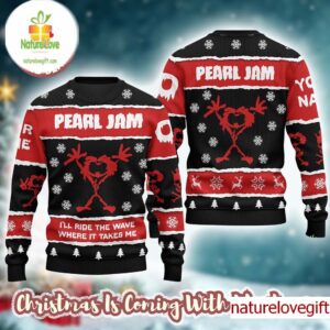 Pearl Jam I Will Ride The Wave Where It Takes Me Snowing Stickman Personalized Knitted Ugly Christmas Sweater For Fans