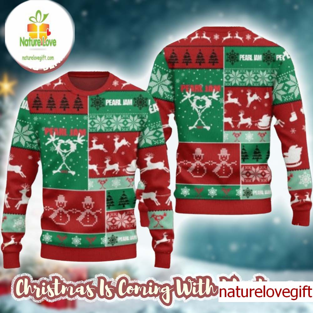 Pearl Jam Knitted Checkered Pattern Red And Green Knitted Ugly Christmas Sweater Gift For Fans Pearl Jam Knitted Checkered Pattern Red And Green Knitted Ugly Christmas Sweater Gift For Fans