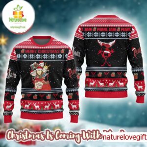 Pearl Jam Merry Christmas Funny Band Member Bubble Head Knitted Black And Red Ugly Christmas Sweater