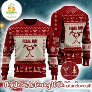 Pearl Jam Signature Stickman With Xmas Tree Pattern Knitted Red Ugly Christmas Sweater 2025 Gift For Fans