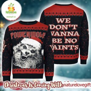 Powerwolf We Don’t Wamma Be No Saints Werewolf Santa Face Funny Knitted Ugly Christmas Sweater Holiday Jumper Powerwolf We Don’t Wamma Be No Saints Werewolf Santa Face Funny Knitted Ugly Christmas Sweater Holiday Jumper