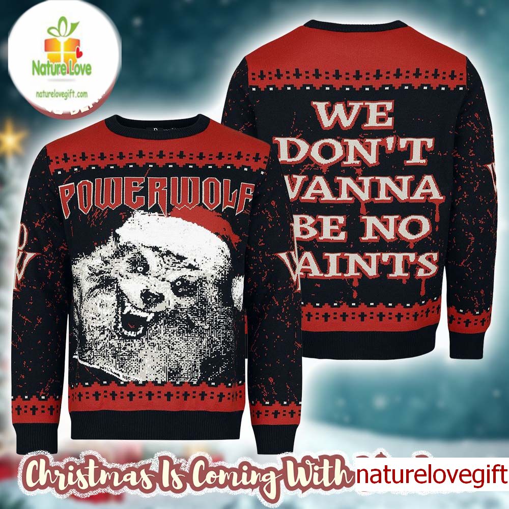 Powerwolf We Don't Wamma Be No Saints Werewolf Santa Face Funny Knitted Ugly Christmas Sweater Holiday Jumper Powerwolf We Don't Wamma Be No Saints Werewolf Santa Face Funny Knitted Ugly Christmas Sweater Holiday Jumper