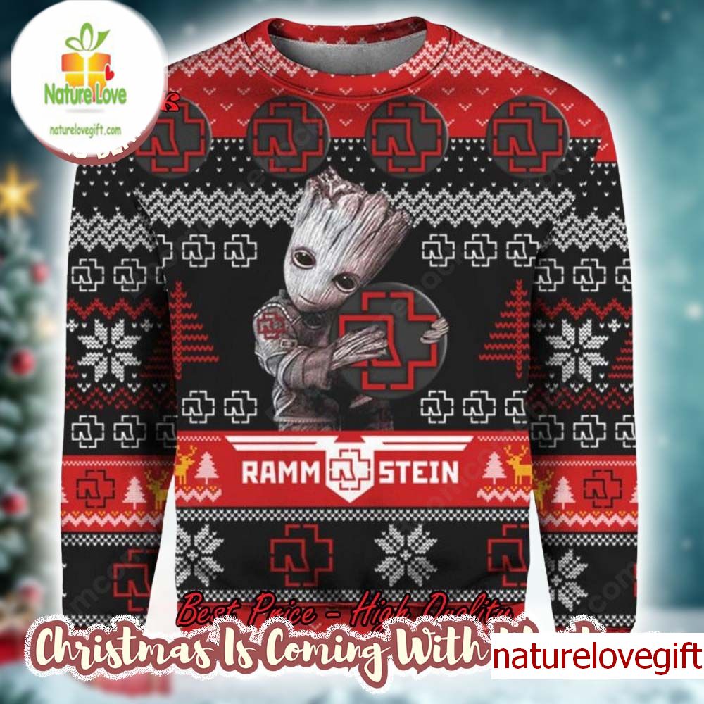Rammstein Baby Groot Hugging Band Logo All Over Print Ugly Christmas Sweater Rammstein Baby Groot Hugging Band Logo All Over Print Ugly Christmas Sweater