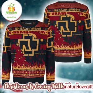 Rammstein Big Logo Santa Hat En Baum Brennt Flames Ugly Christmas Sweater