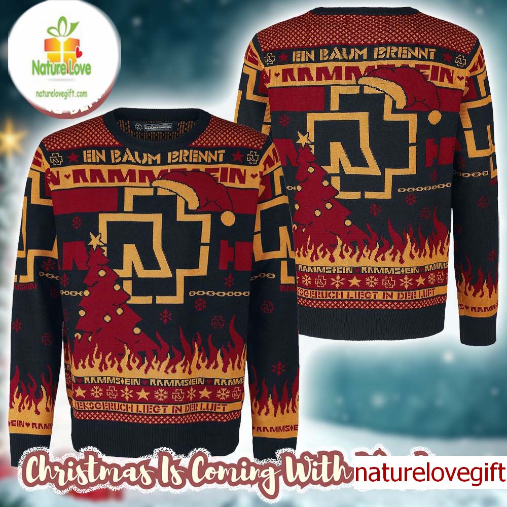 Rammstein Big Logo Santa Hat En Baum Brennt Flames Ugly Christmas Sweater Rammstein Big Logo Santa Hat En Baum Brennt Flames Ugly Christmas Sweater