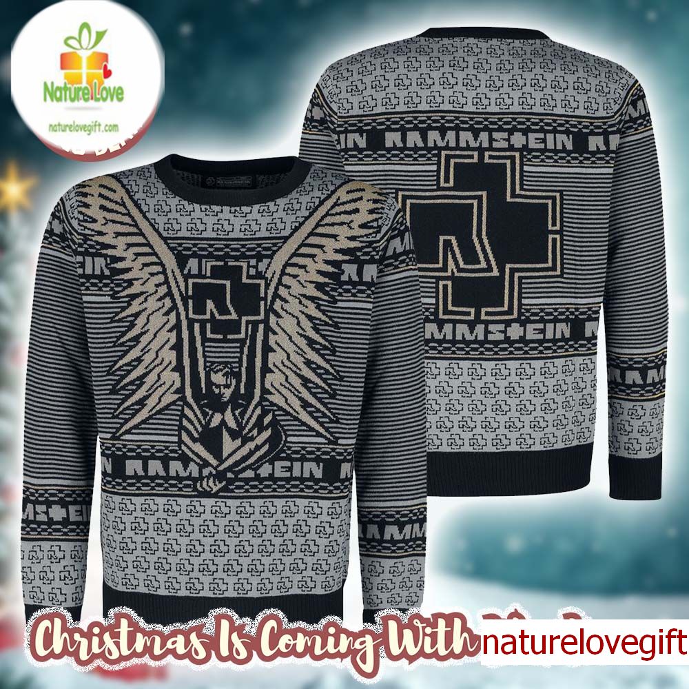 Rammstein Holiday Angel With Logo Pattern Grey Ugly Christmas Sweater Rammstein Holiday Angel With Logo Pattern Grey Ugly Christmas Sweater