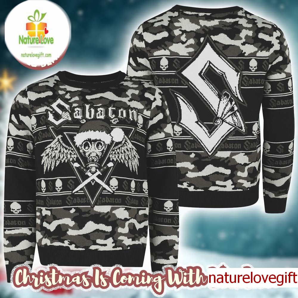Sabaton Big Logo Black And Grey Camo Pattern Knitted Ugly Christmas Sweater Sabaton Big Logo Black And Grey Camo Pattern Knitted Ugly Christmas Sweater