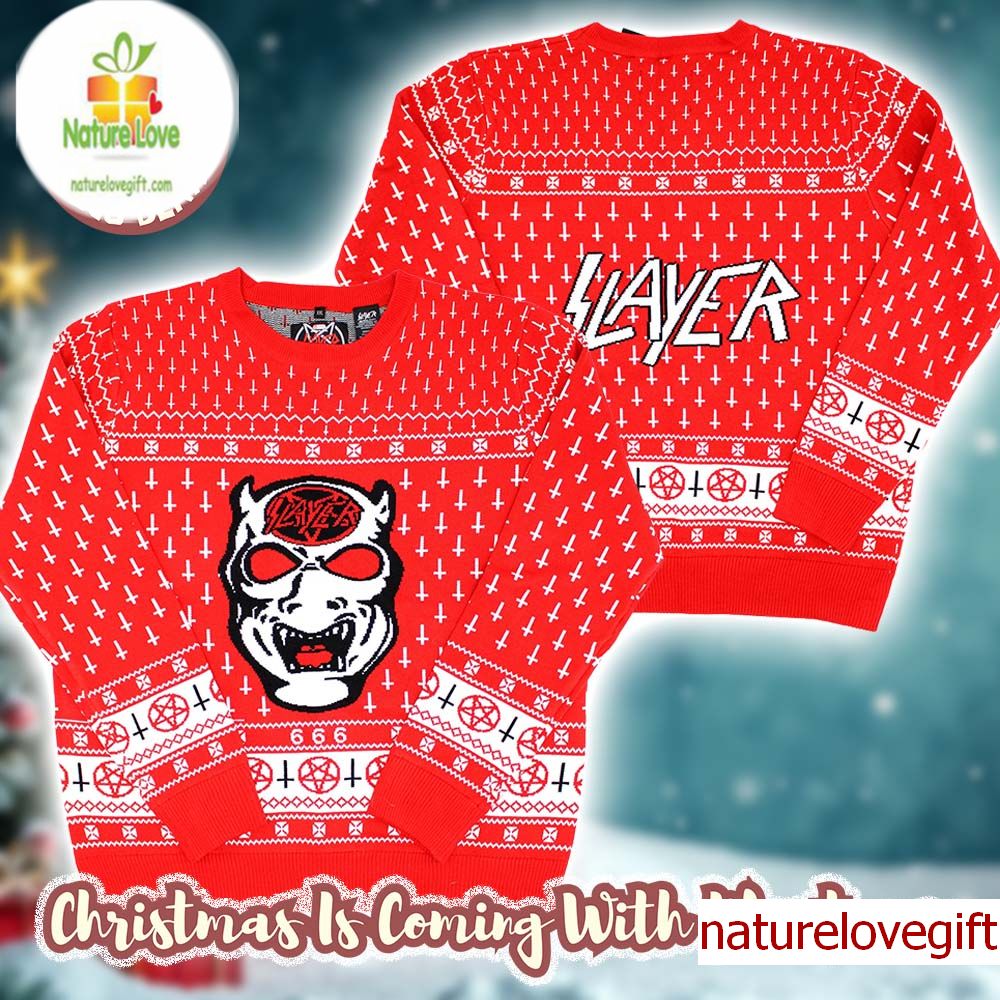 Slayer 666 Demon Cross Pattern Red Ugly Christmas Sweater For Fans Slayer 666 Demon Cross Pattern Red Ugly Christmas Sweater For Fans