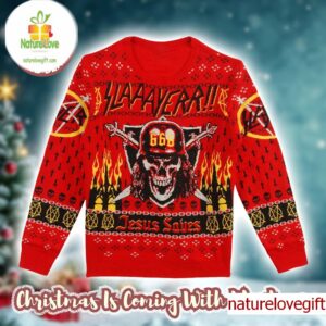 Slayer 666 Holiday Jesus Saves Fire Red Knitted Christmas Ugly Sweater