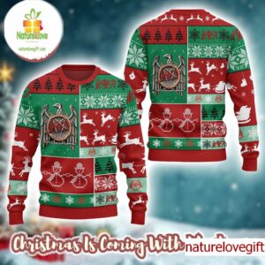 Slayer Band Eagle Logo Reindeer Pattern Checker Retro Style Holiday Ugly Xmas Sweater