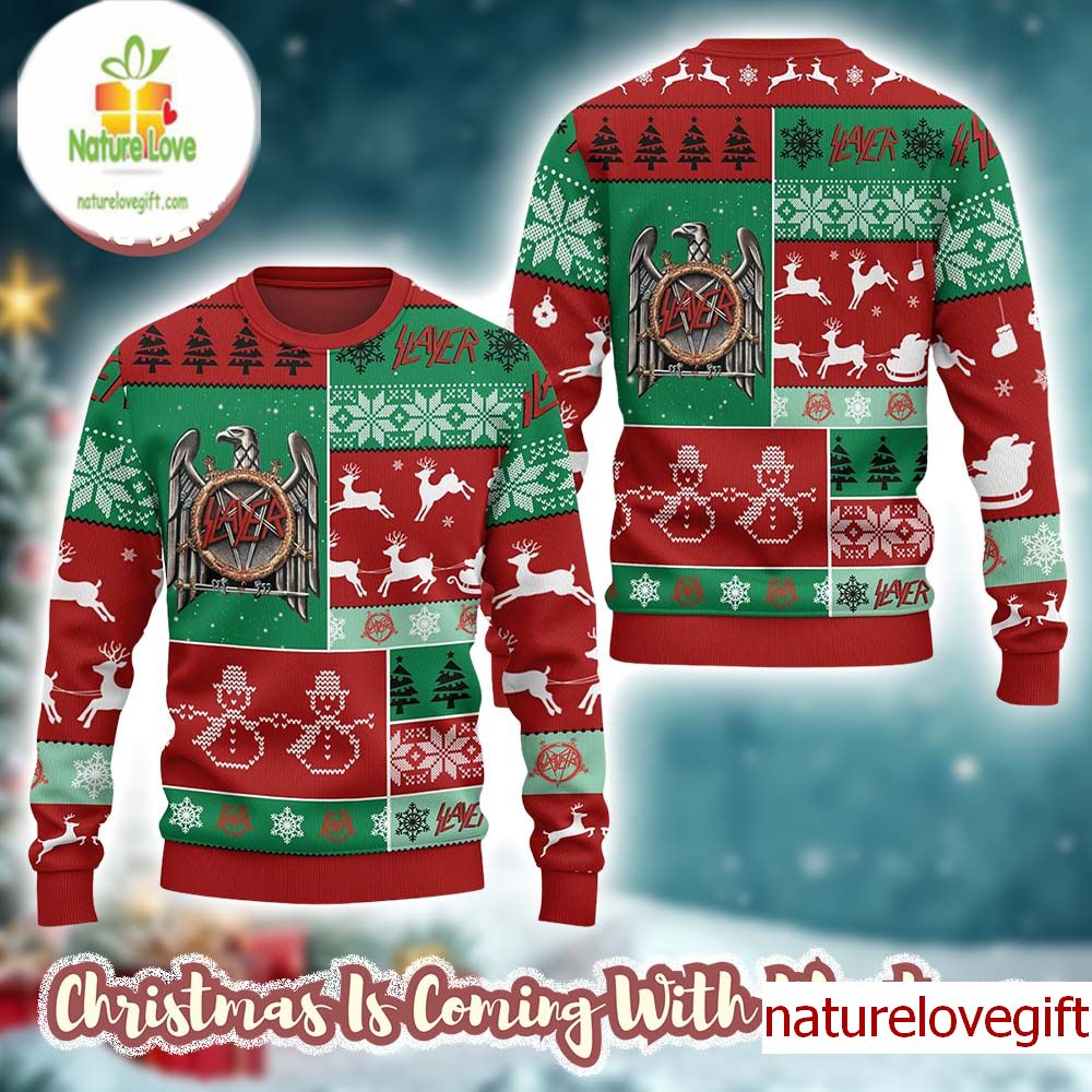 Slayer Band Eagle Logo Reindeer Pattern Checker Retro Style Holiday Ugly Xmas Sweater Slayer Band Eagle Logo Reindeer Pattern Checker Retro Style Holiday Ugly Xmas Sweater