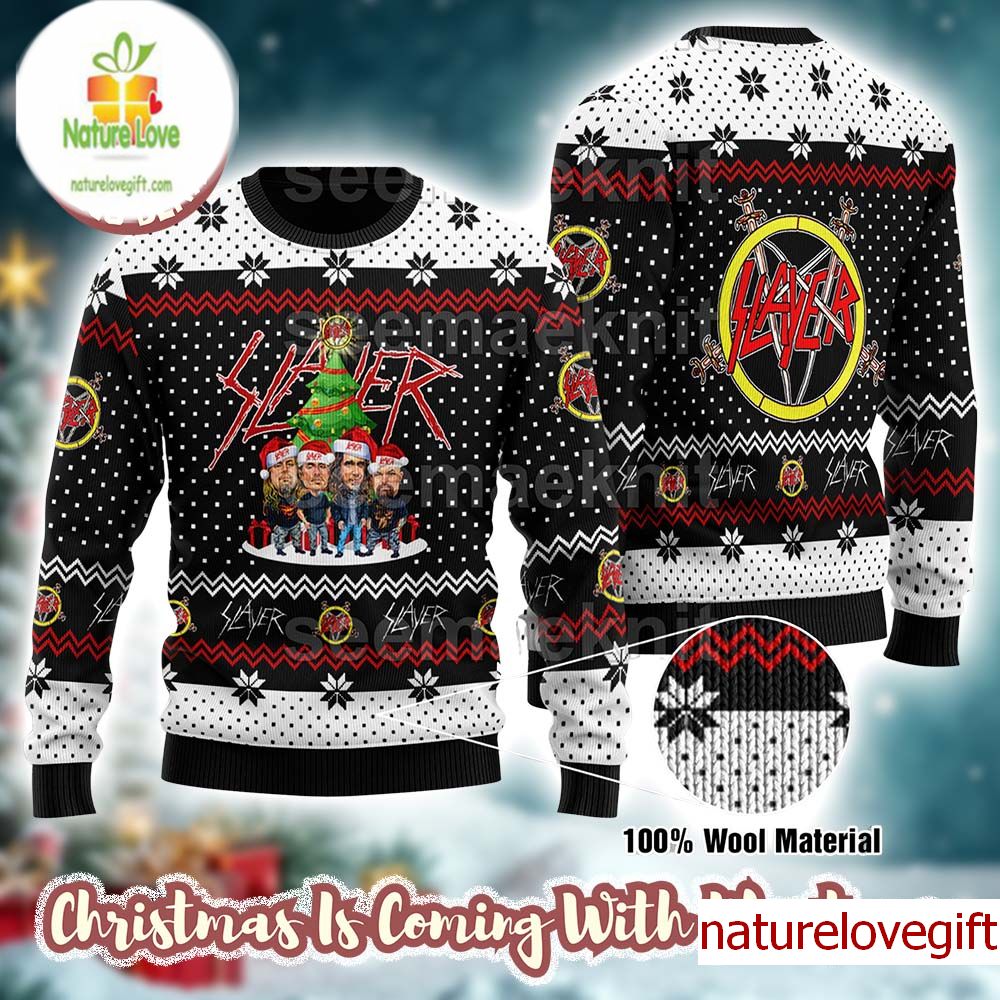 Slayer Band Members Big Bubble Head Funny With Snowflakes Pattern Ugly Christmas Sweater Slayer Band Members Big Bubble Head Funny With Snowflakes Pattern Ugly Christmas Sweater
