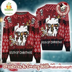 Slayer Band South Of Christmas Bloody Skull Santa All Over Knitted Christmas Ugly Sweater