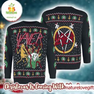 Slayer Hell Awaits Devils Open Gift Album Xmas Style 2025 Knitted Ugly Christmas Sweater