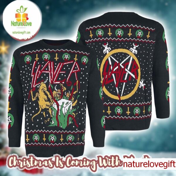 Slayer Hell Awaits Devils Open Gift Album Xmas Style 2025 Knitted Ugly Christmas Sweater
