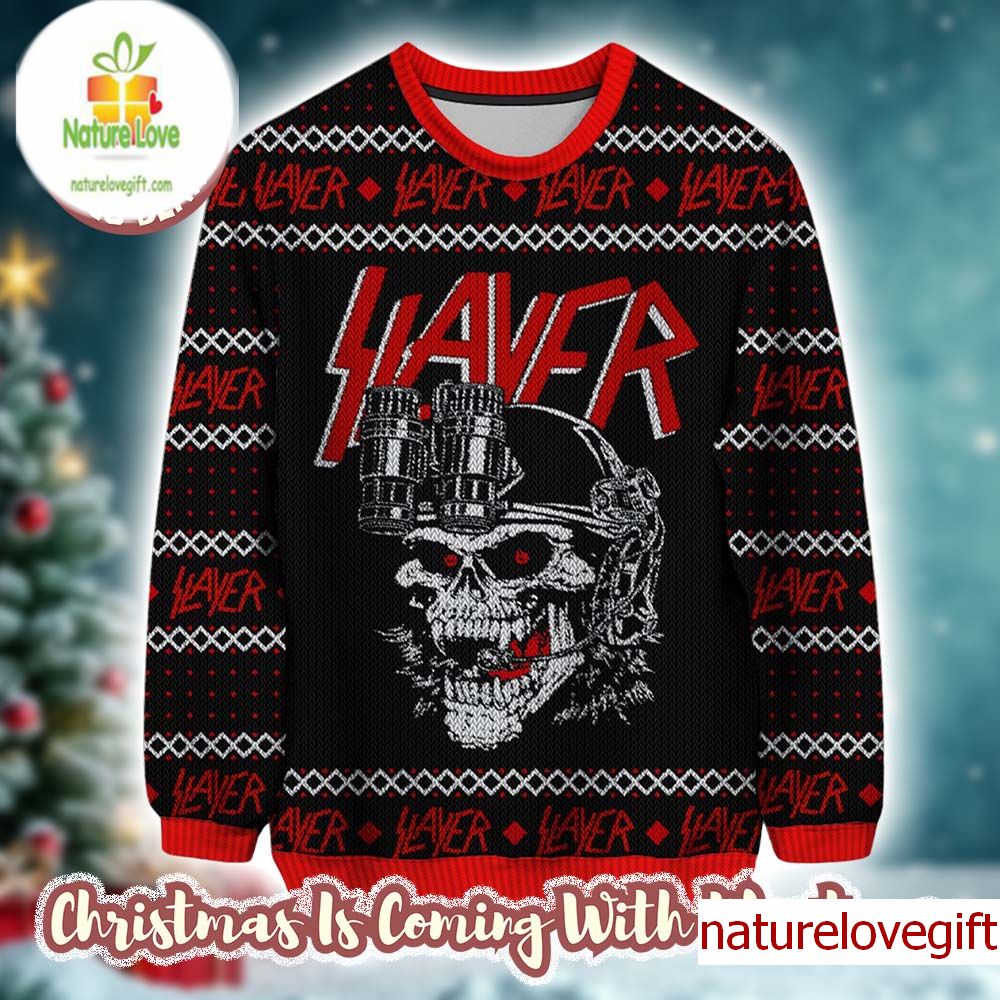 Slayer Reign In Blood For The Holiday Skull Red And Black Knitted Ugly Sweater Slayer Reign In Blood For The Holiday Skull Red And Black Knitted Ugly Sweater