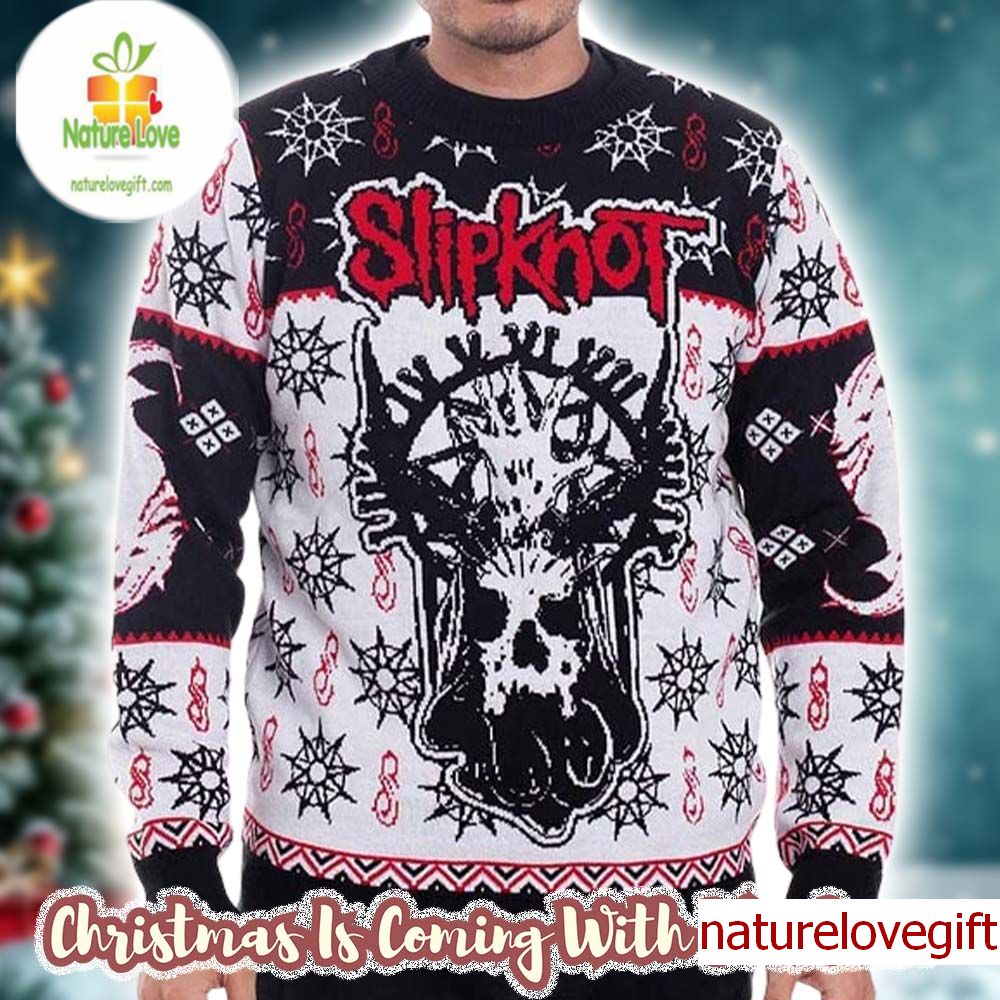 Slipknot Band Goat Skull Horror All Over Tribal S Logo With Snowflakes Pattern Ugly Christmas Sweater Slipknot Band Goat Skull Horror All Over Tribal S Logo With Snowflakes Pattern Ugly Christmas Sweater