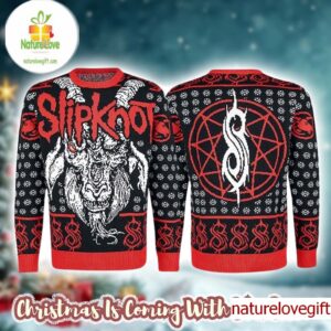 Slipknot Big Logo Goat Face Snowflakes Pattern Knitted Signature Black And Red Ugly Christmas Sweater