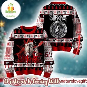 Slipknot Established 1995 Des Moines Iowa Skeleton Santa Playing Guitar Personalized Christmas Ugly Sweater