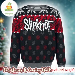 Slipknot Signature Logo With Tribal S Snowflakes Pattern Red And Grey Knitted Ugly Christmas Sweater